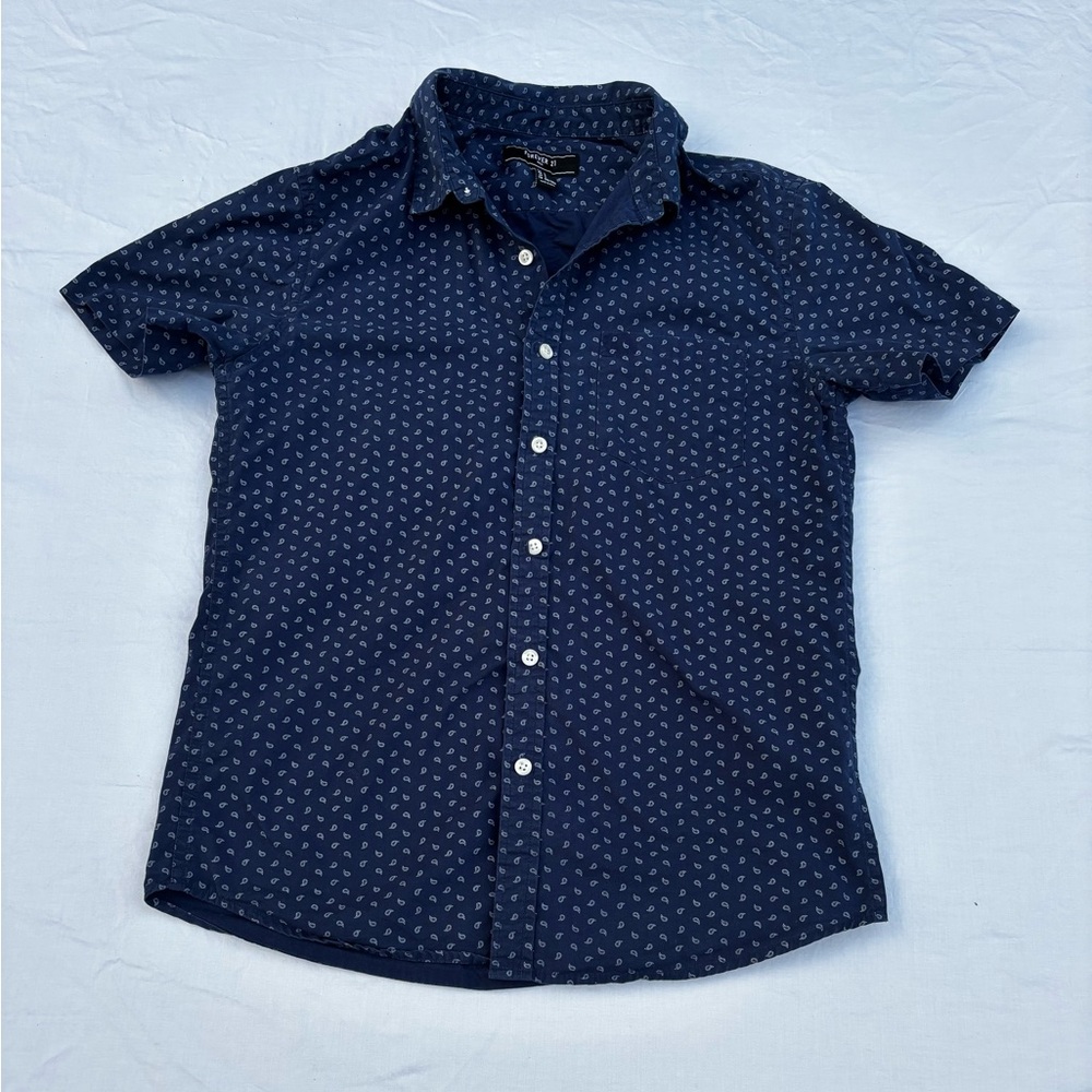 Men Forever 21 100% Cotton Paisley Dark Blue Casual Button Down Shirt Size Small